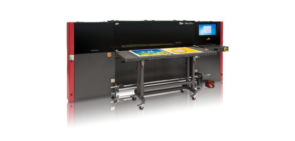 EFI Pro 16h+ UV hybrid flatbed/roll-fed printer.