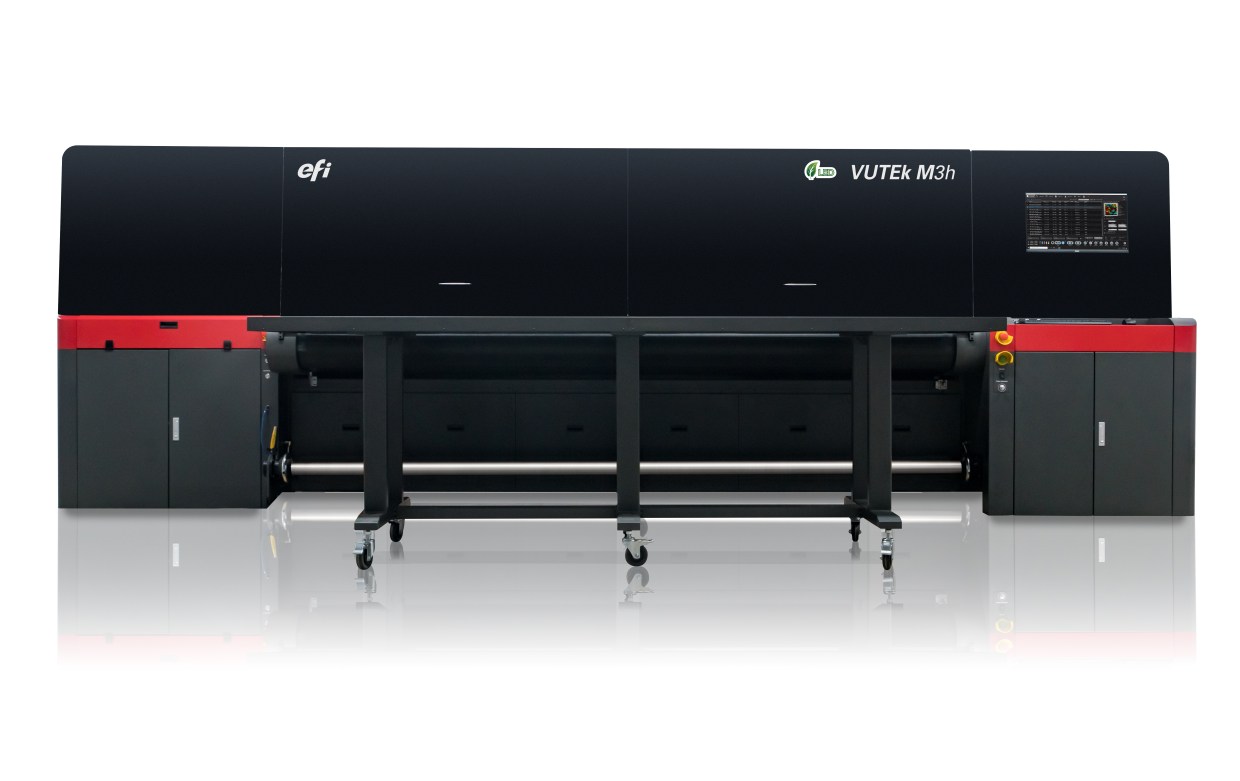 EFI VUTEk M3h superwide hybrid flatbed/roll-fed LED printer.